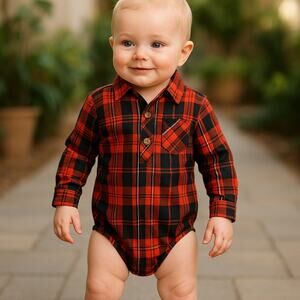 Healthtex Boys Bodysuit Size 6-9 Months‎ Navy Blue Red Plaid Woven Popover NEW